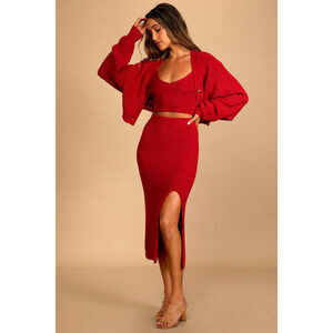 Lulus More The Merrier Red Knit Three-piece Sweater Dress - Size Medium